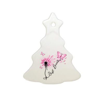 Breast Cancer Awareness Just Breathe Dandelion Pink Ribbon Butterfly Ceramic Tree Ornament