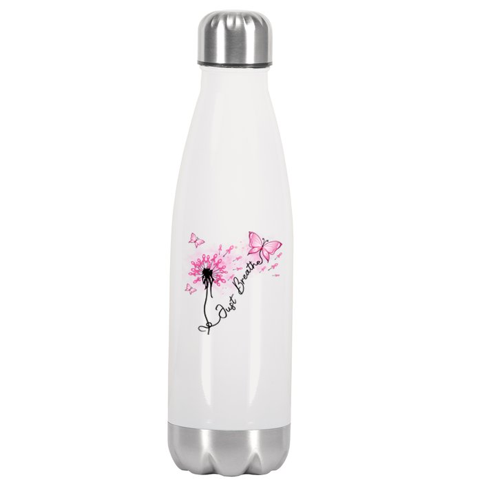 Breast Cancer Awareness Just Breathe Dandelion Pink Ribbon Butterfly Stainless Steel Insulated Water Bottle