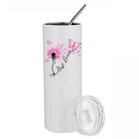 Breast Cancer Awareness Just Breathe Dandelion Pink Ribbon Butterfly Stainless Steel Tumbler