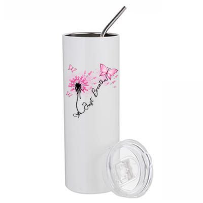 Breast Cancer Awareness Just Breathe Dandelion Pink Ribbon Butterfly Stainless Steel Tumbler