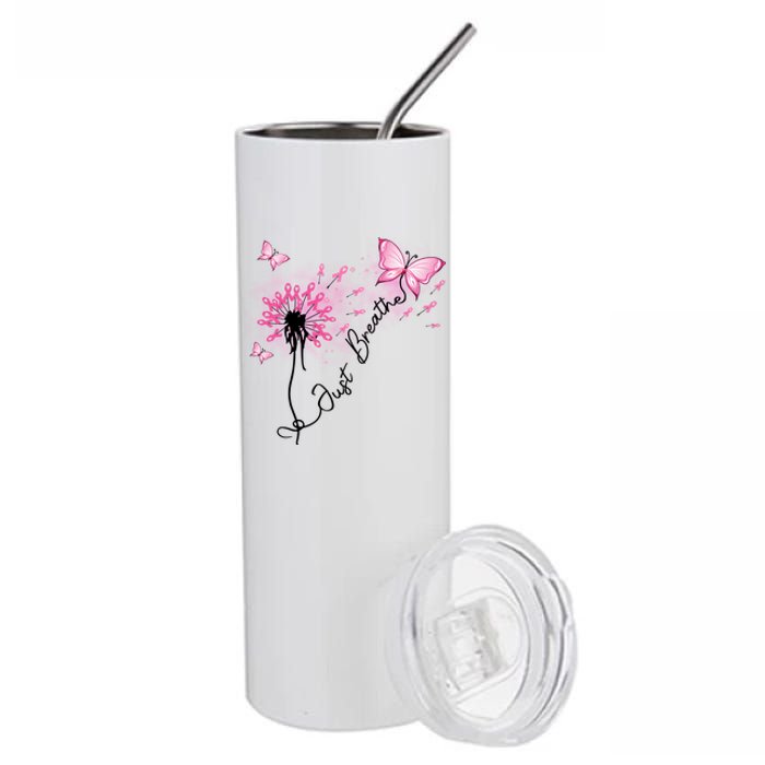 Breast Cancer Awareness Just Breathe Dandelion Pink Ribbon Butterfly Stainless Steel Tumbler