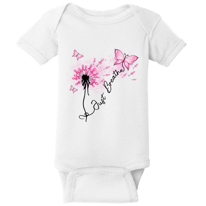 Breast Cancer Awareness Just Breathe Dandelion Pink Ribbon Butterfly Baby Bodysuit