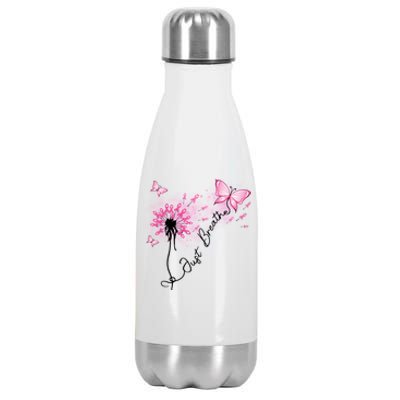 Breast Cancer Awareness Just Breathe Dandelion Pink Ribbon Butterfly Stainless Steel Insulated Water Bottle