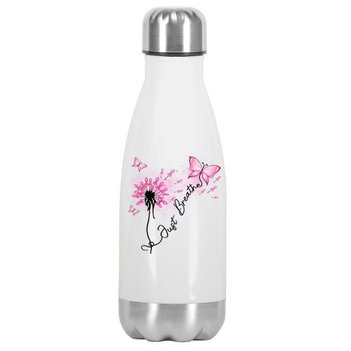 Breast Cancer Awareness Just Breathe Dandelion Pink Ribbon Butterfly Stainless Steel Insulated Water Bottle