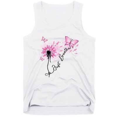 Breast Cancer Awareness Just Breathe Dandelion Pink Ribbon Butterfly Tank Top