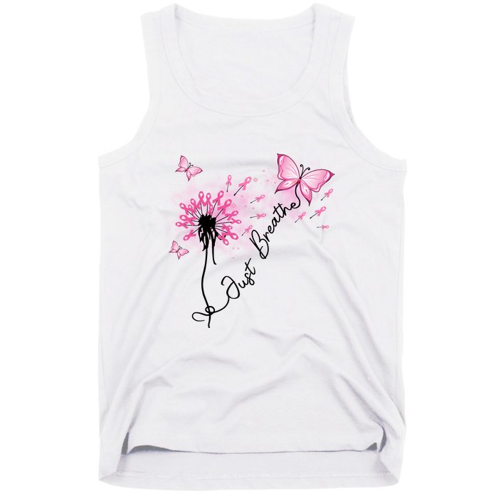 Breast Cancer Awareness Just Breathe Dandelion Pink Ribbon Butterfly Tank Top