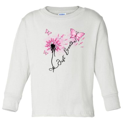 Breast Cancer Awareness Just Breathe Dandelion Pink Ribbon Butterfly Toddler Long Sleeve Shirt