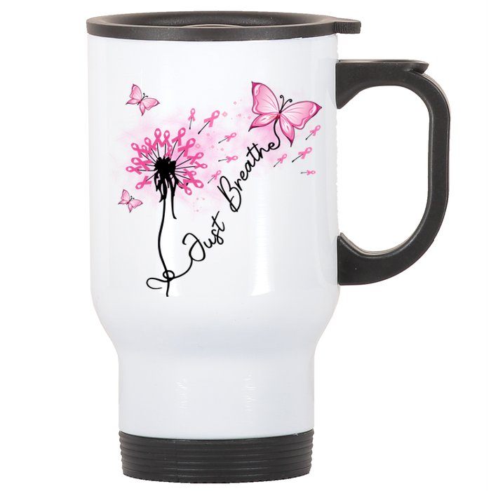 Breast Cancer Awareness Just Breathe Dandelion Pink Ribbon Butterfly Stainless Steel Travel Mug