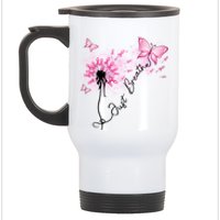 Breast Cancer Awareness Just Breathe Dandelion Pink Ribbon Butterfly Stainless Steel Travel Mug