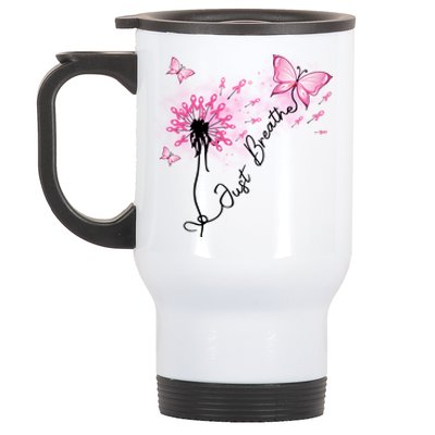 Breast Cancer Awareness Just Breathe Dandelion Pink Ribbon Butterfly Stainless Steel Travel Mug