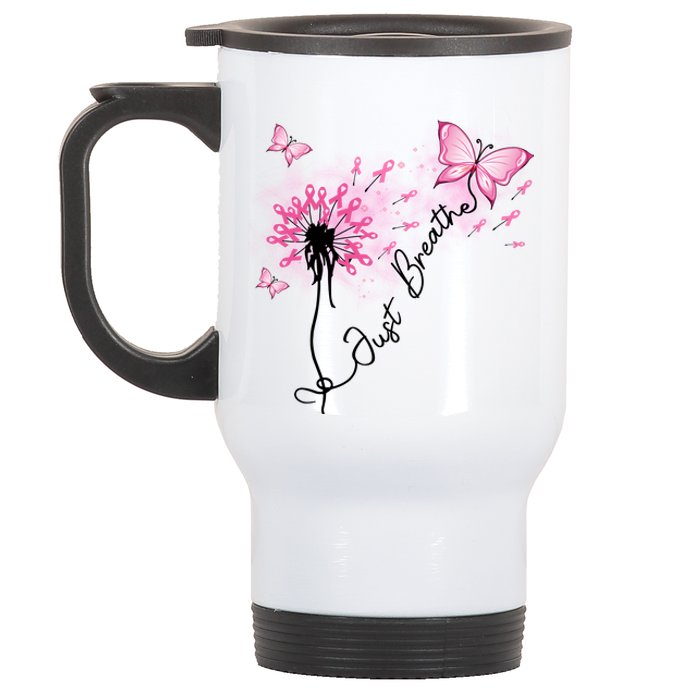 Breast Cancer Awareness Just Breathe Dandelion Pink Ribbon Butterfly Stainless Steel Travel Mug