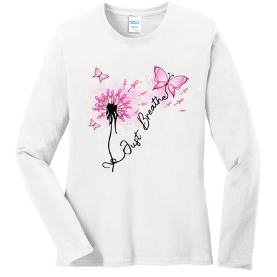 Breast Cancer Awareness Just Breathe Dandelion Pink Ribbon Butterfly Ladies Long Sleeve Shirt