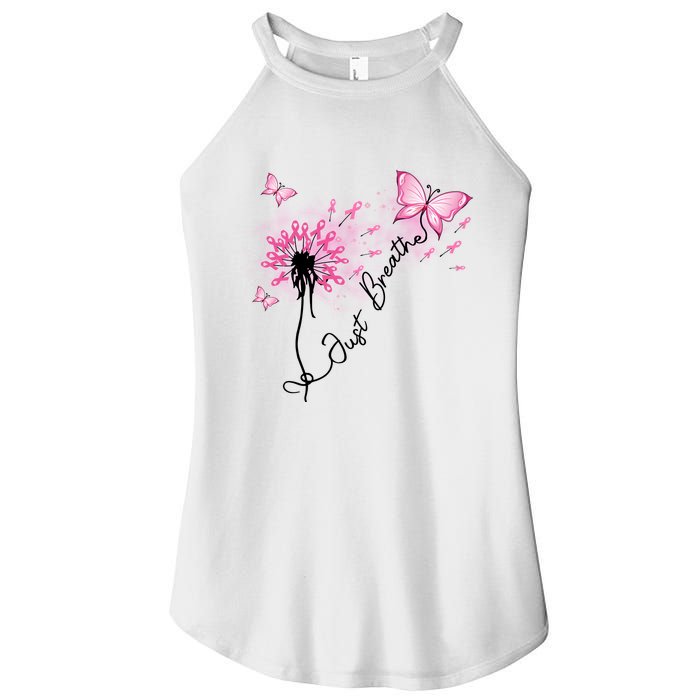 Breast Cancer Awareness Just Breathe Dandelion Pink Ribbon Butterfly Women's Perfect Tri Rocker Tank