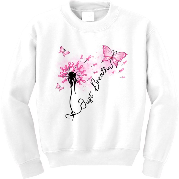 Breast Cancer Awareness Just Breathe Dandelion Pink Ribbon Butterfly Kids Sweatshirt