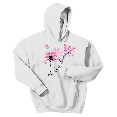 Breast Cancer Awareness Just Breathe Dandelion Pink Ribbon Butterfly Kids Hoodie