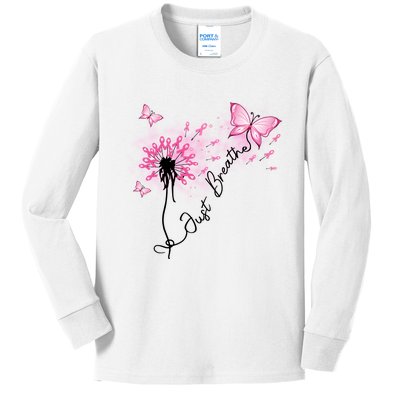 Breast Cancer Awareness Just Breathe Dandelion Pink Ribbon Butterfly Kids Long Sleeve Shirt