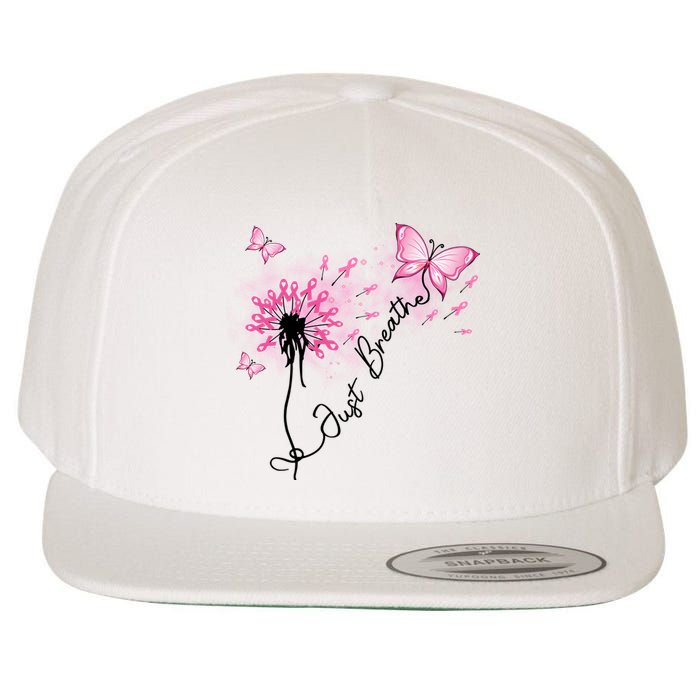 Breast Cancer Awareness Just Breathe Dandelion Pink Ribbon Butterfly Wool Snapback Cap