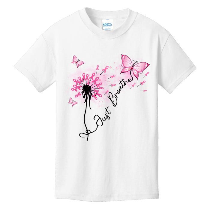 Breast Cancer Awareness Just Breathe Dandelion Pink Ribbon Butterfly Kids T-Shirt