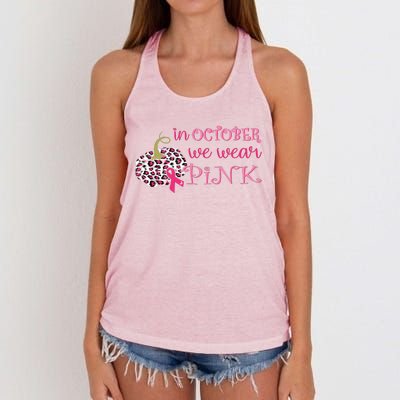 Breast Cancer Awareness In October We Wear Pink Pumpkin Women's Knotted Racerback Tank