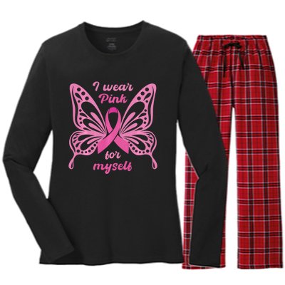 Breast Cancer Awareness Butterfly I Wear P.I.N.K For Myself Women's Long Sleeve Flannel Pajama Set 