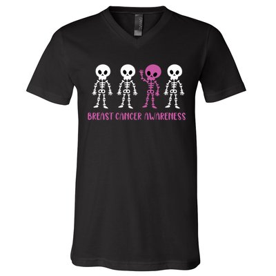 Breast Cancer Awareness Spooky Skeleton Cancer Awareness V-Neck T-Shirt