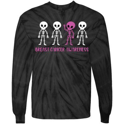 Breast Cancer Awareness Spooky Skeleton Cancer Awareness Tie-Dye Long Sleeve Shirt