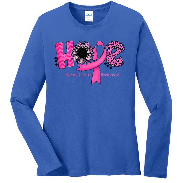 Breast Cancer Awareness Hope Ribbon Leopard Sunflower Ladies Long Sleeve Shirt