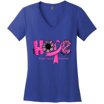 Breast Cancer Awareness Hope Ribbon Leopard Sunflower Women's V-Neck T-Shirt