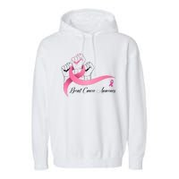 Breast Cancer Awareness Strong Fists Pink Ribbon Garment-Dyed Fleece Hoodie