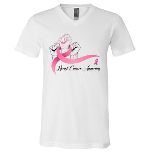 Breast Cancer Awareness Strong Fists Pink Ribbon V-Neck T-Shirt