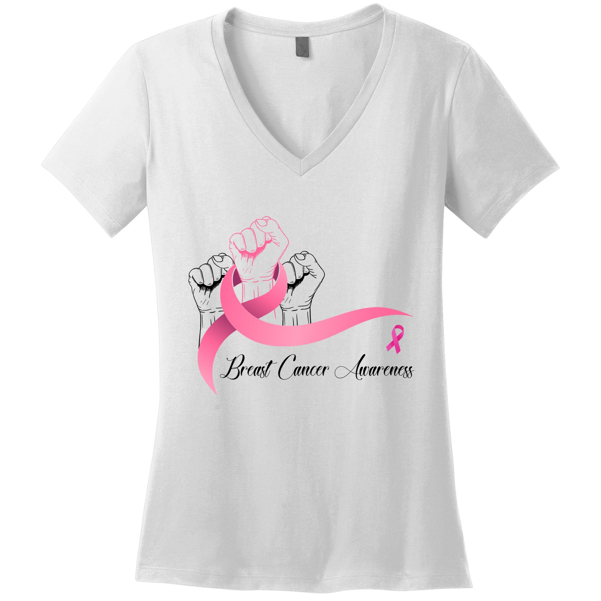 Breast Cancer Awareness Strong Fists Pink Ribbon Women's V-Neck T-Shirt