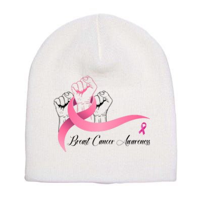 Breast Cancer Awareness Strong Fists Pink Ribbon Short Acrylic Beanie