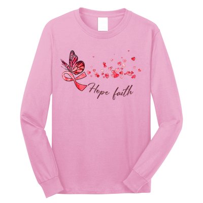 Breast Cancer Awareness Butterfly Pink Ribbon Hope Faith Long Sleeve Shirt