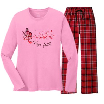 Breast Cancer Awareness Butterfly Pink Ribbon Hope Faith Women's Long Sleeve Flannel Pajama Set 