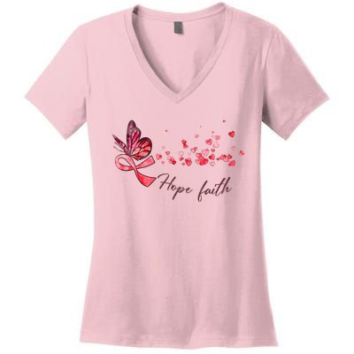 Breast Cancer Awareness Butterfly Pink Ribbon Hope Faith Women's V-Neck T-Shirt