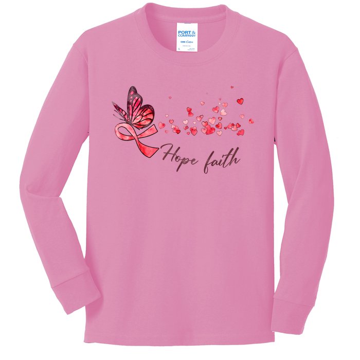 Breast Cancer Awareness Butterfly Pink Ribbon Hope Faith Kids Long Sleeve Shirt