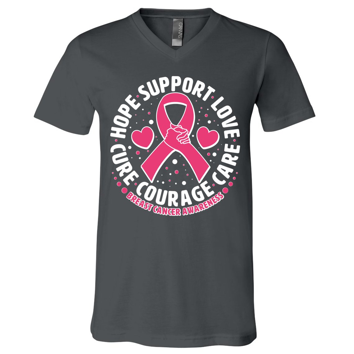 Breast Cancer Awareness Hope Support Love Cure Courage Care V-Neck T-Shirt