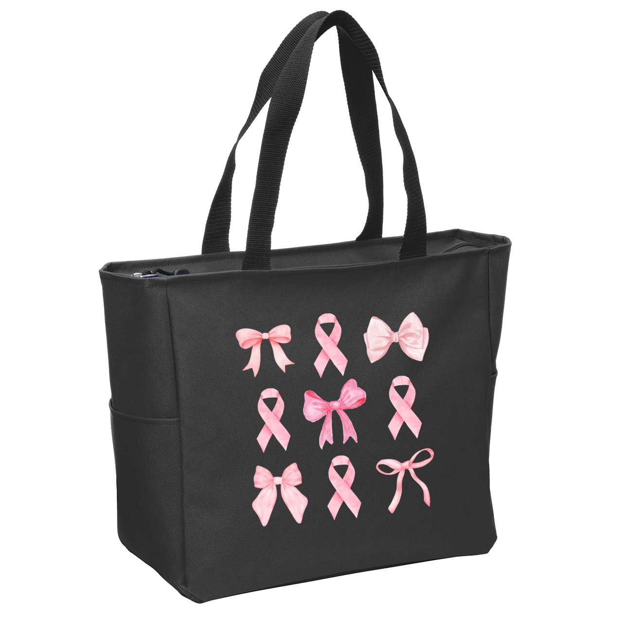 Breast Cancer Awareness Bow Ribbon Zip Tote Bag