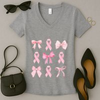 Breast Cancer Awareness Bow Ribbon Women's V-Neck T-Shirt