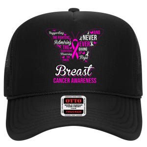 Breast Cancer Awareness Pink Butterfly Ribbon Quotes High Crown Mesh Back Trucker Hat