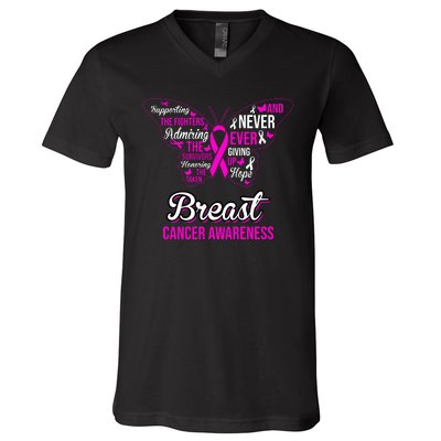 Breast Cancer Awareness Pink Butterfly Ribbon Quotes V-Neck T-Shirt