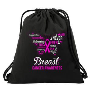 Breast Cancer Awareness Pink Butterfly Ribbon Quotes Drawstring Bag