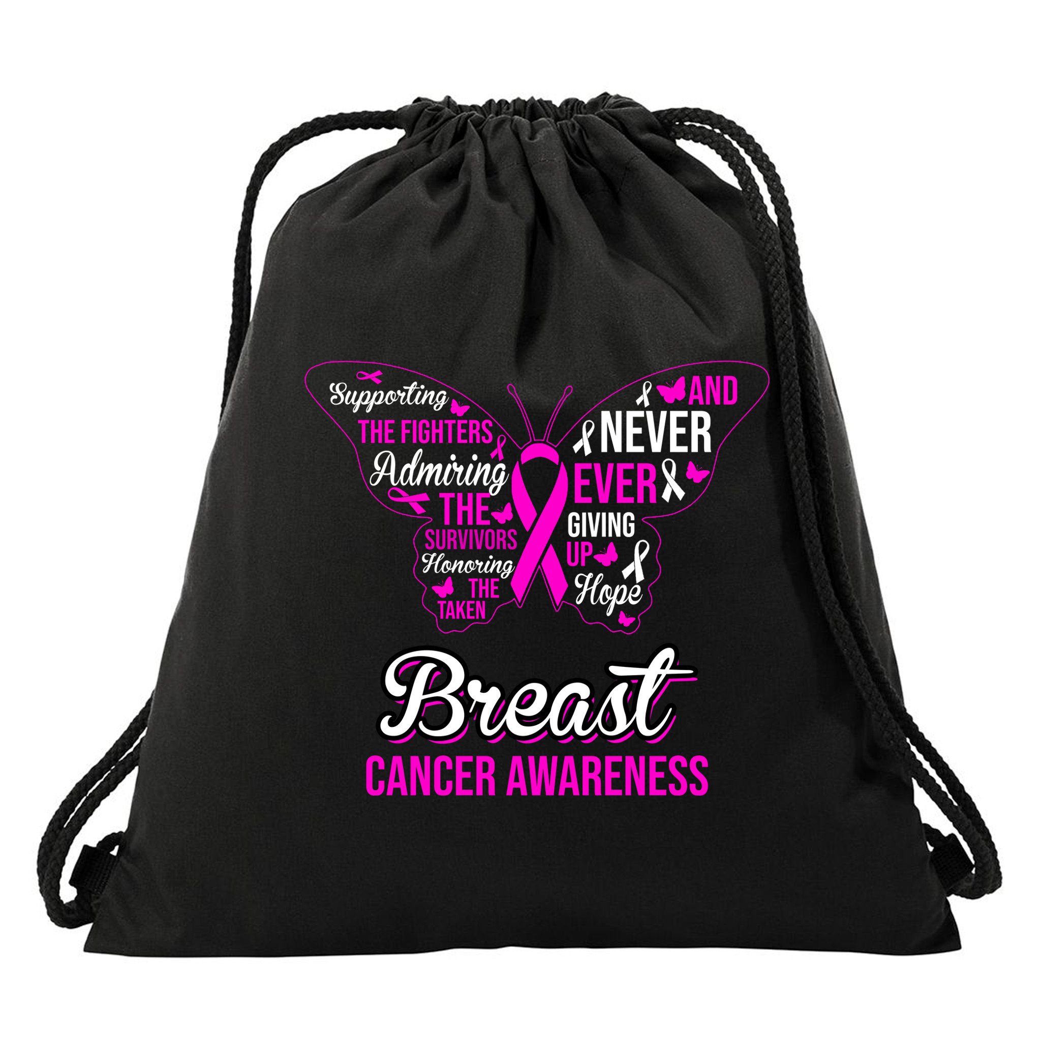 Breast Cancer Awareness Pink Butterfly Ribbon Quotes Drawstring Bag