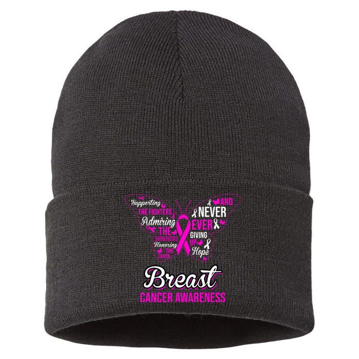 Breast Cancer Awareness Pink Butterfly Ribbon Quotes Sustainable Knit Beanie