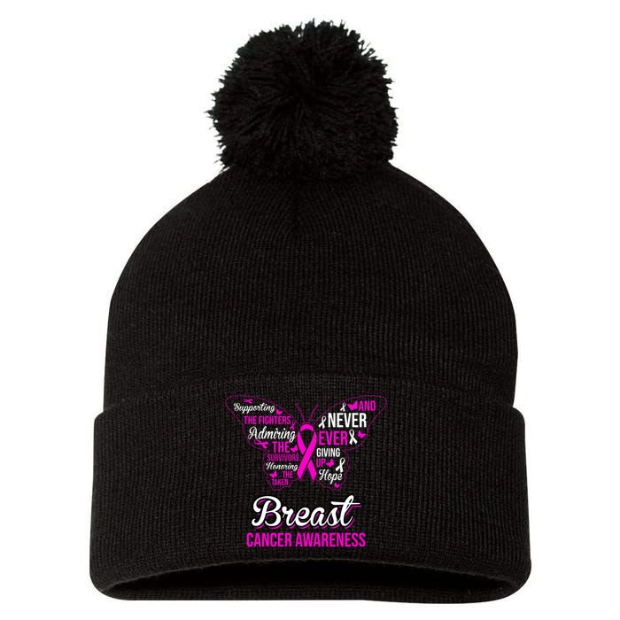 Breast Cancer Awareness Pink Butterfly Ribbon Quotes Pom Pom 12in Knit Beanie