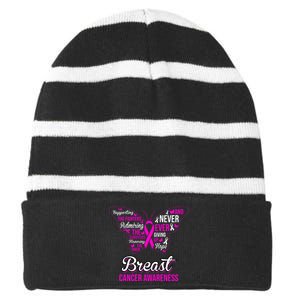 Breast Cancer Awareness Pink Butterfly Ribbon Quotes Striped Beanie with Solid Band