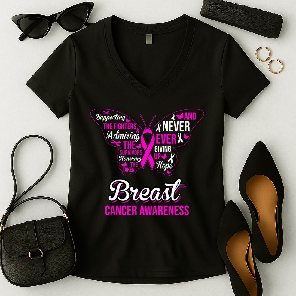 Breast Cancer Awareness Pink Butterfly Ribbon Quotes Women's V-Neck T-Shirt