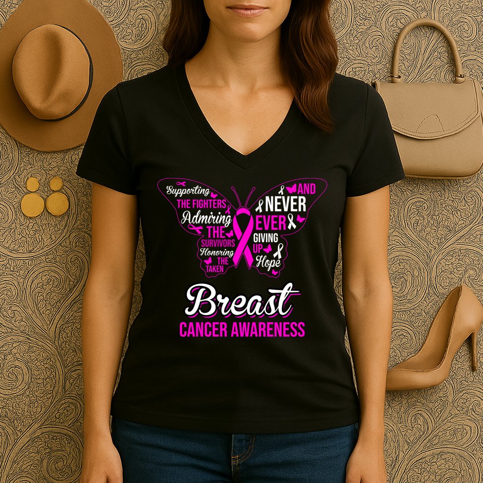 Breast Cancer Awareness Pink Butterfly Ribbon Quotes Women's V-Neck T-Shirt