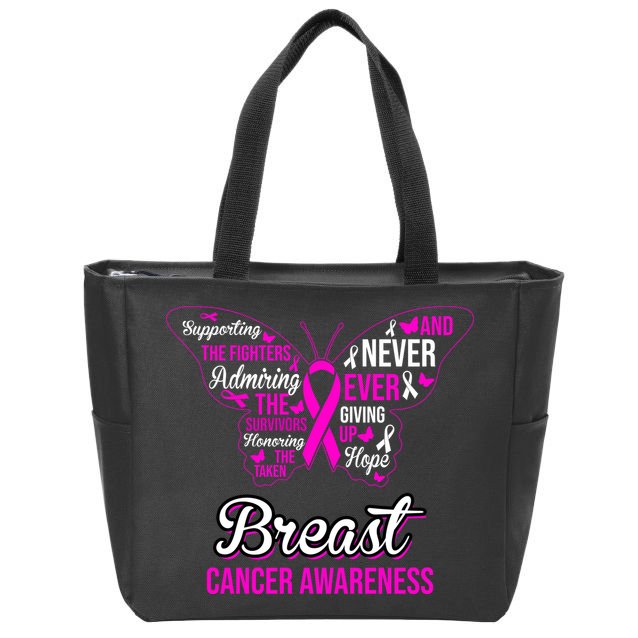 Breast Cancer Awareness Pink Butterfly Ribbon Quotes Zip Tote Bag