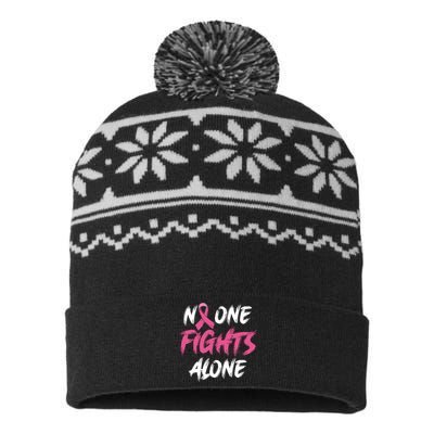 Breast Cancer Awareness Pink Ribbon No One Fight Alone USA-Made Snowflake Beanie